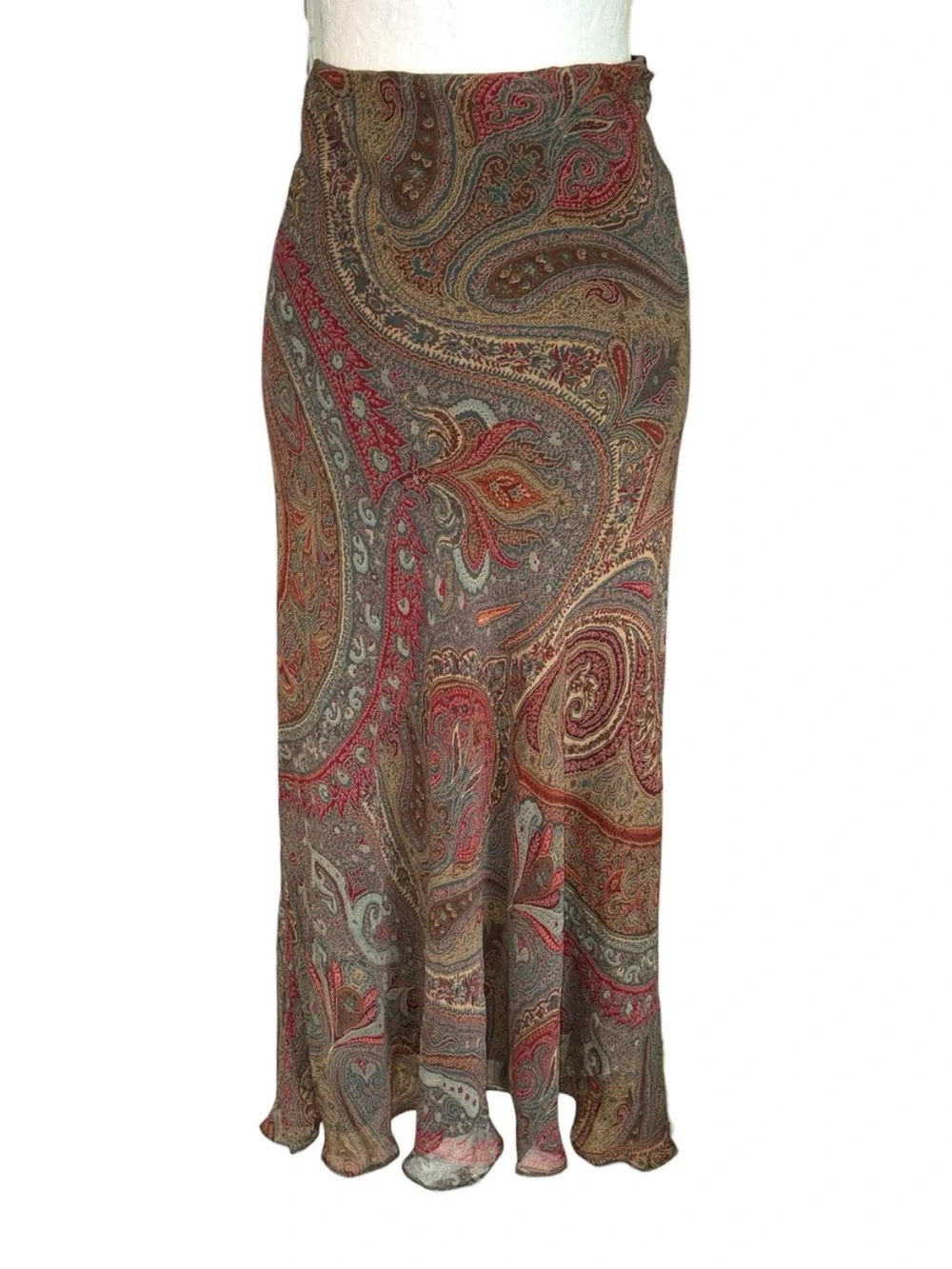 Ralph Lauren Silk Paisley Print Velvet Layered Cascading Ruffle Maxi Skirt - 14 - Picture 5 of 10